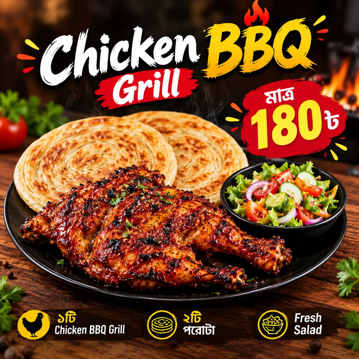 Chicken BBQ Grill With 2 Parata & Salad